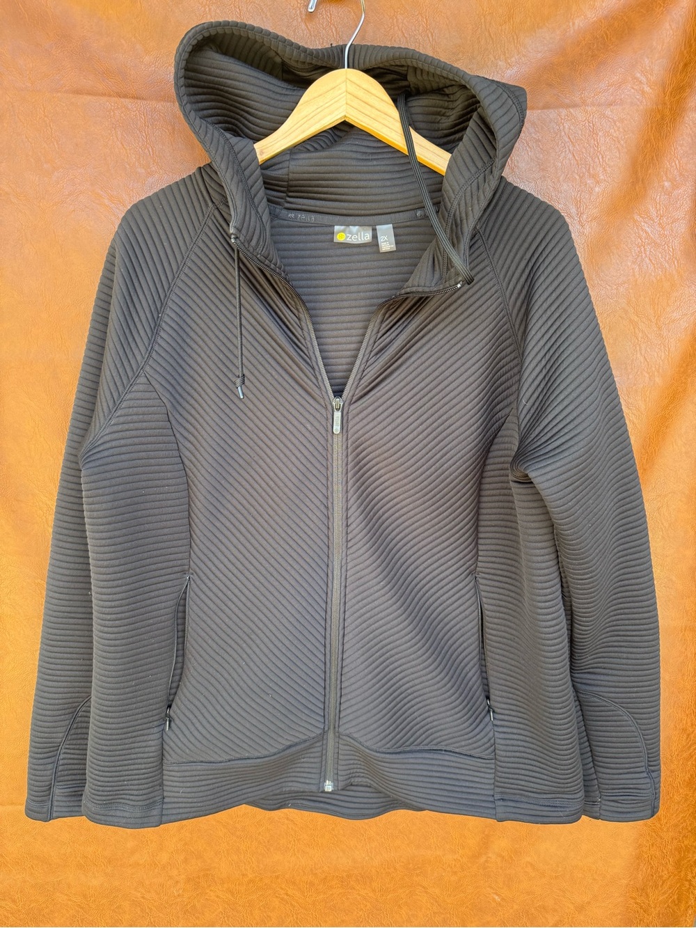 Zella 2X Black Ribbed Scuba Zip Hoodie Plus Size